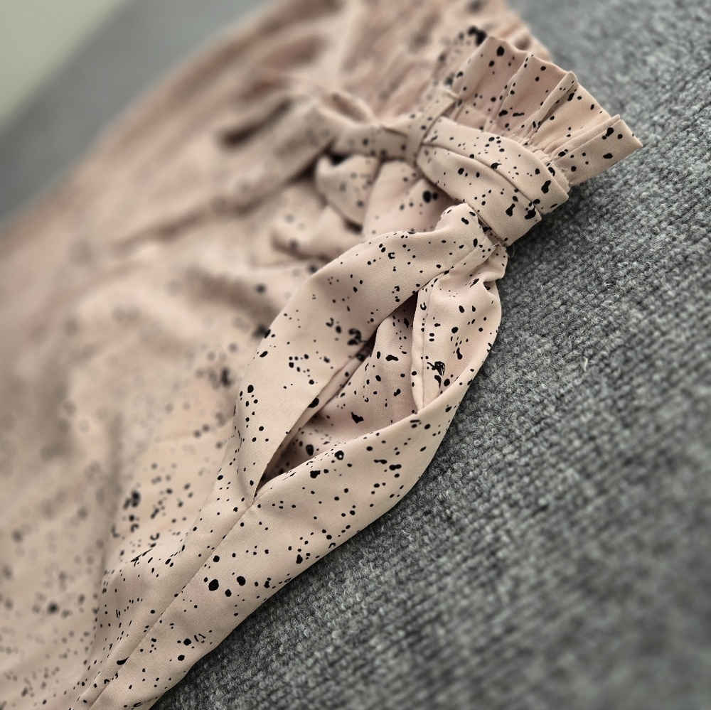 ENTRO Soft Pink Black Splatter Print Wide Leg Paper Bag Belted Palazzo Pants - Picture 10 of 15